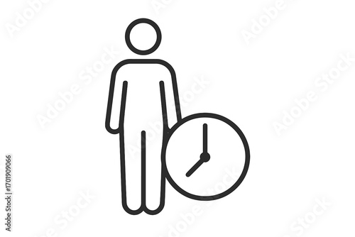 Man with clock icon, concept of time management, waiting, and schedule. Person and time symbol for business deadline, history, or duration. Simple vector line art for apps.