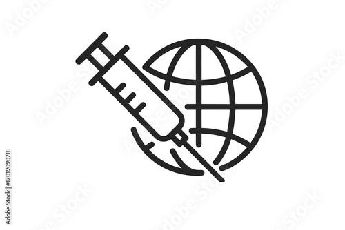 World vaccination concept. Syringe injecting planet earth. Global immunization and health. Pandemic, epidemic disease prevention. Medical care, inoculation vector icon line.