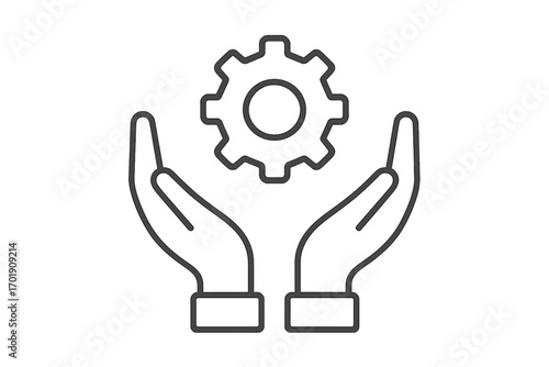 Hands holding cogwheel line icon. Technical support and service concept. Maintenance, configuration, settings sign. Business process management, engineering, innovation symbol.