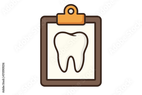 Dental record on clipboard with tooth symbol. Medical examination and health care report. Stomatology concept. Oral hygiene and treatment plan. Dentist checkup icon vector.