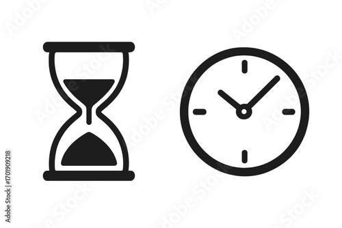 Hourglass and clock line icon set. Time management, deadline, countdown concepts. Old and new time measurement. Sandglass and watch symbols for web, apps, business projects.
