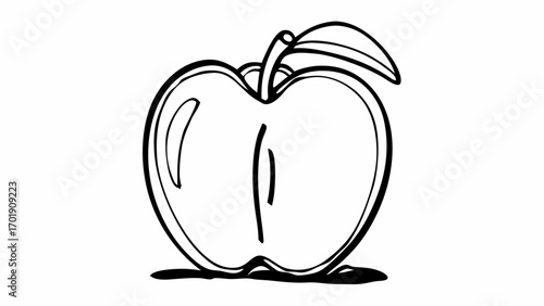 Outline drawing of a cut apple with a leaf and stem on a white background simple and clean design created with generated ai 