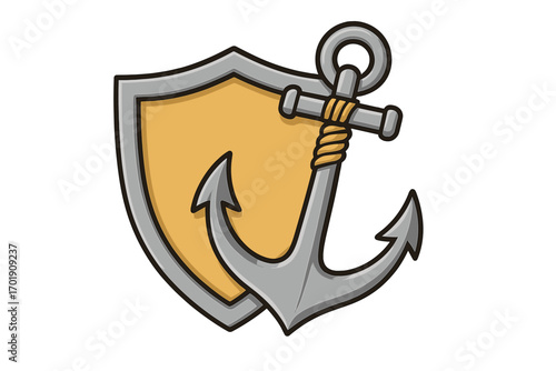 Anchor and shield logo concept. Vector illustration for maritime security, naval defense, and safety. Marine emblem icon. Symbol of stability, protection, and strength.