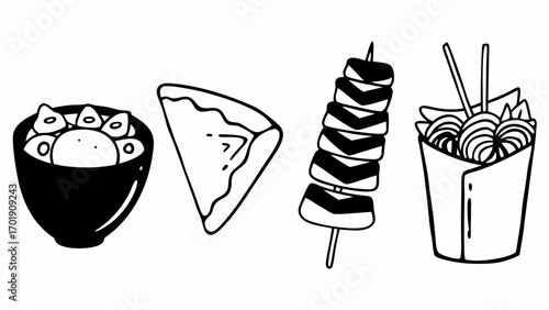 Illustration of a bowl of dumplings, a slice of pie, skewers and a takeout container with food created with generated ai 
