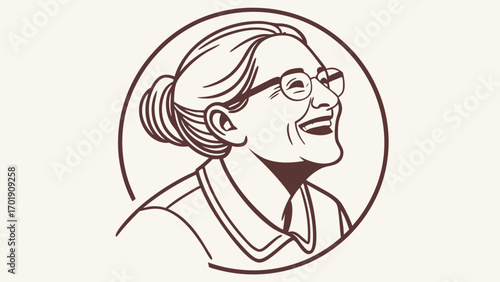 Illustration of a smiling older woman with glasses and hair in a bun inside a circle outline created with generated ai 