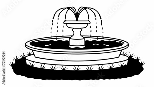Illustration of a tiered fountain with water cascading into a basin and grass around it created with generated ai 