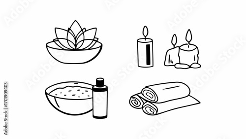 Illustration showing spa elements including a lotus flower, candles, towels, and oil bottle created with generated ai 