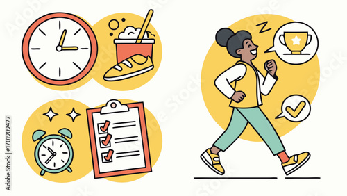 Woman jogging with thoughts of a trophy next to clock food checklist and alarm clock on yellow circles created with generated ai 