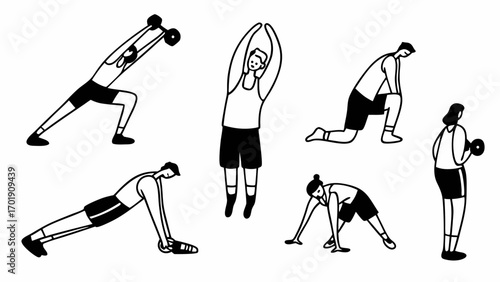 Illustration of people doing various exercises including stretching and lifting weights in black and white created with generated ai 