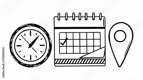 Clock calendar and location pin icons representing time management and scheduling appointment planning concept created with generated ai 