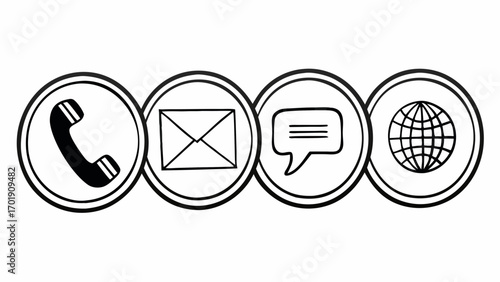 Four circular icons depicting phone, email, chat bubble and globe in black and white design element created with generated ai 