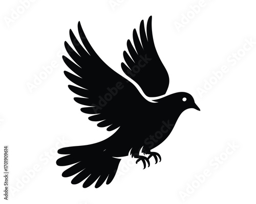 Black silhouette of a dove in flight with wings spread wide