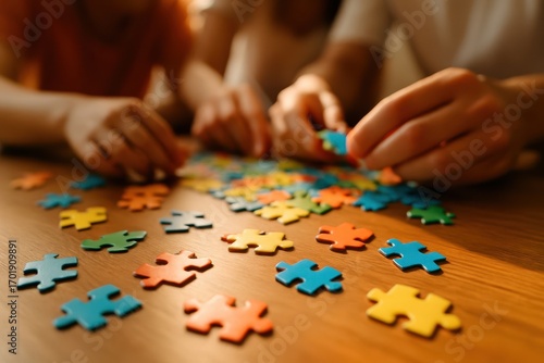 Close-up of family hands assembling colorful jigsaw pieces on a wooden table, a cozy wintertime indoor pastime that fosters teamwork, focus, and calm.