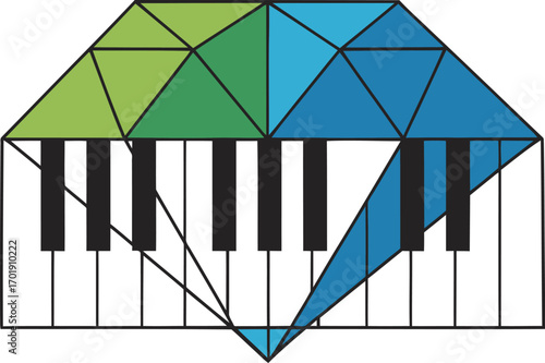 A graphic illustration of a piano keyboard overlaid with a faceted, diamond-shaped design in green and blue colors.