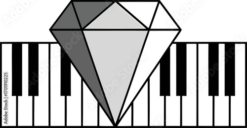 A stylized graphic of a large, faceted grey diamond resting on a black and white piano keyboard.