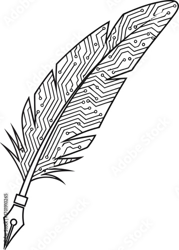 A conceptual line art illustration of a quill pen with an intricate electronic circuit board pattern.