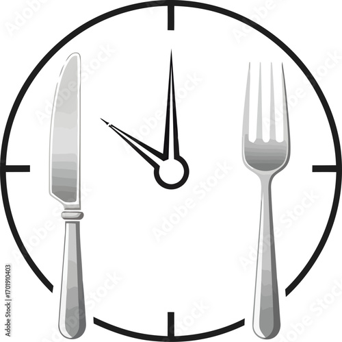 A symbolic clock with a knife and fork on its face, representing mealtime, lunchtime, or a scheduled eating period.