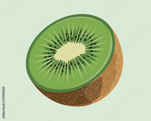 Fresh half kiwi fruit slice with seeds on light green background