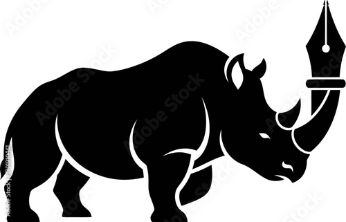 A powerful black rhinoceros silhouette with its front horn cleverly replaced by a fountain pen nib.