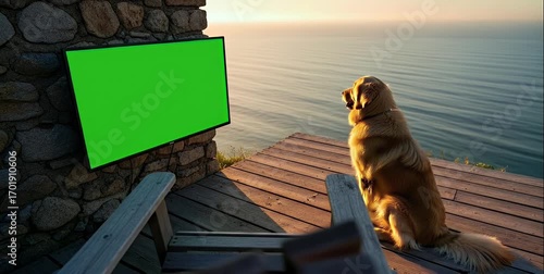 Dog watching green screen TV on a deck overlooking the ocean.