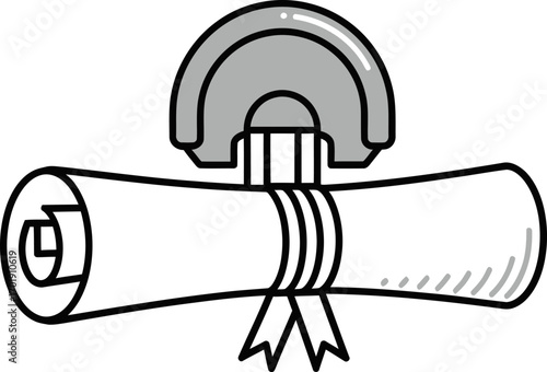 A black and white icon of a rolled diploma with a ribbon being stamped with an official seal.