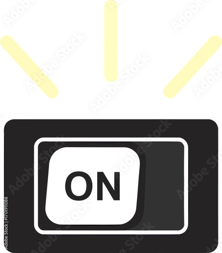 A black toggle switch is flipped to the ON position, with yellow light rays indicating power is active.