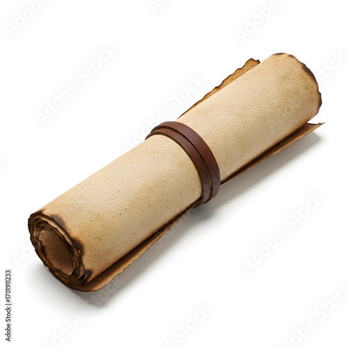 A rolled parchment scroll tied with a leather strap on a white background