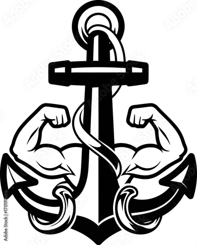 A stylized black and white anchor with two muscular arms flexing their biceps, symbolizing strength and stability.