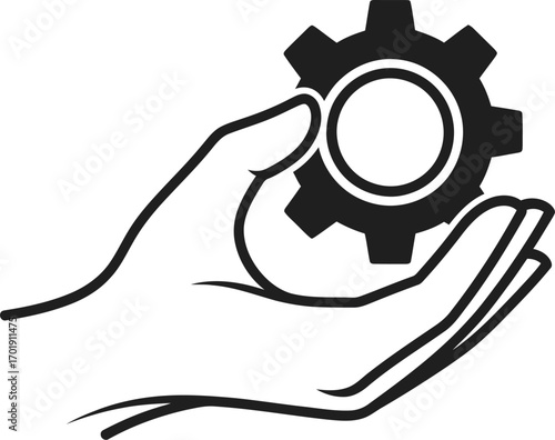 A black and white line art icon of a hand gently holding a cogwheel, symbolizing technical support, industry, and solutions.