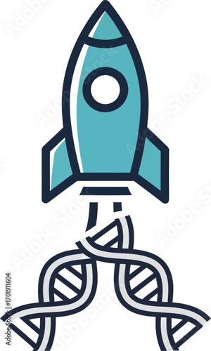 A stylized rocket ship takes off, its propulsion trail creatively depicted as a DNA double helix.