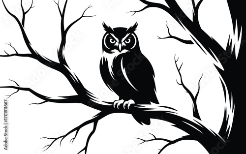 Silhouette of a great horned owl perched on a bare tree branch at night
