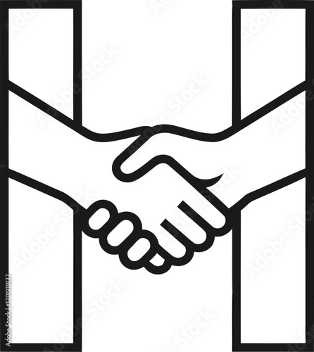 A minimalist black and white icon of a handshake forming the crossbar of the capital letter H.