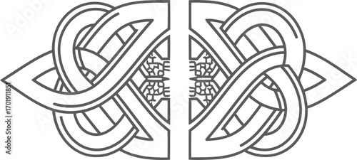 A symmetrical, intricate Celtic or Norse knotwork ornament, featuring interwoven lines and a central geometric pattern, presented in black and white line art.