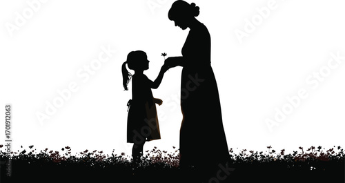 Silhouette of mother and daughter standing in flower field, holding flower together, family love concept, vector illustration, heartwarming moment, nature background