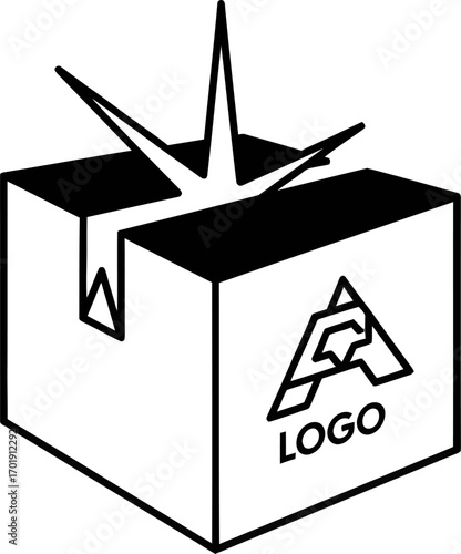 A simple black and white icon of a sealed cardboard box with a sharp, spiky object bursting out from the top.