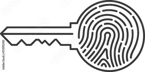 A conceptual icon of a key with a fingerprint pattern, representing biometric security, identity, and personal access.