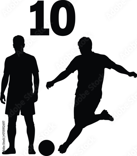 Soccer player silhouette vector illustration, football player kicking ball, sport activity, athlete training, teamwork, soccer game, sportsmanship, 