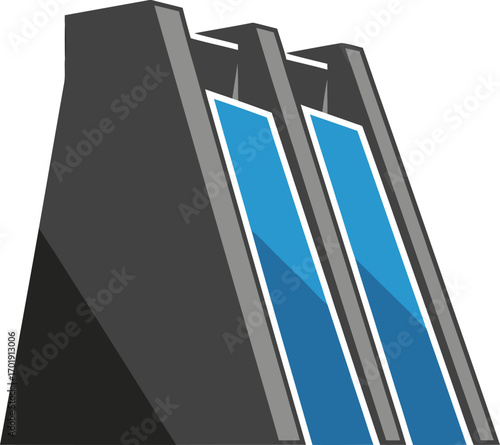 A stylized vector illustration of a large concrete hydroelectric dam with water flowing through its spillways.