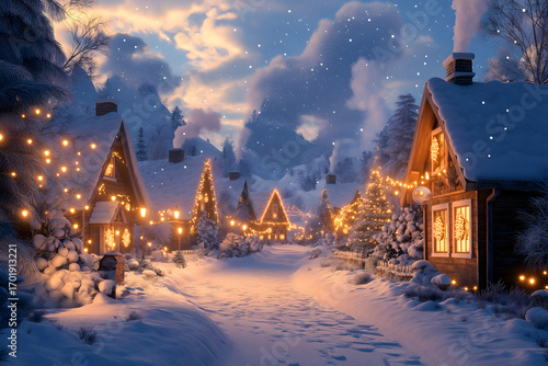 Bild eines verschneiten Dorfes in der Dämmerung mit leuchtenden Weihnachtslichtern zwischen den Häusern, Rauch aus den Schornsteinen und sanft fallendem Schnee unter tiefblauem Himmel – winterliche Id
