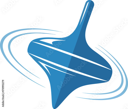 A dynamic illustration of a blue spinning top toy rotating rapidly with swirling motion lines.
