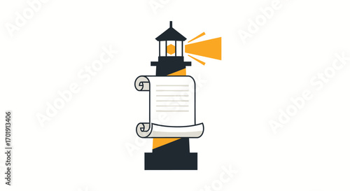 A lighthouse wrapped in a parchment scroll shines its guiding light, symbolizing knowledge and principles.