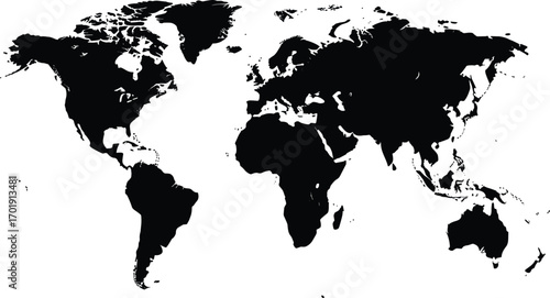 World map silhouette vector illustration, black map of continents, high-resolution editable design, accurate political shapes, global geography template for education and print