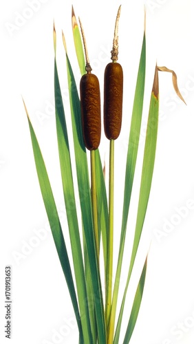 Two cattails with vibrant green leaves stand out against a pure white background.