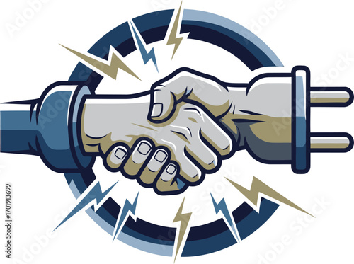 A powerful handshake between an electrical plug and a socket, depicted as hands with electric sparks.