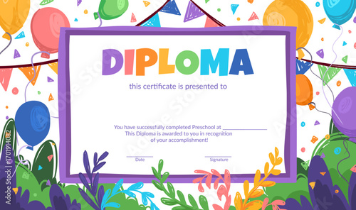 Colorful school and preschool diploma certificate for kids and children in kindergarten or primary grades with doodle elements, crayon scribbles, chalk on background. Vector cartoon flat illustration