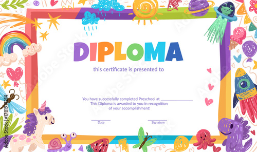 Colorful school and preschool diploma certificate for kids and children in kindergarten or primary grades with doodle elements, crayon scribbles, chalk on background. Vector cartoon flat illustration