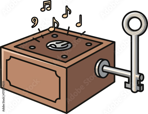 A cartoon illustration of a vintage wooden music box playing a melody with a key in its lock.