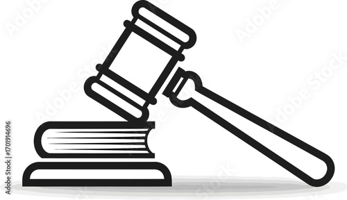 A black line art icon of a judge's gavel and sound block resting on a law book, symbolizing justice, authority, and the legal system.
