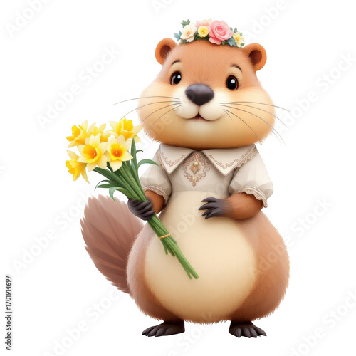 Cute Cartoon Beaver with Flower Crown and Daffodil Bouquet.