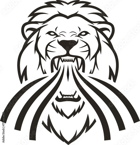 A fierce, roaring lion head in a black and white stylized graphic, baring its fangs aggressively.